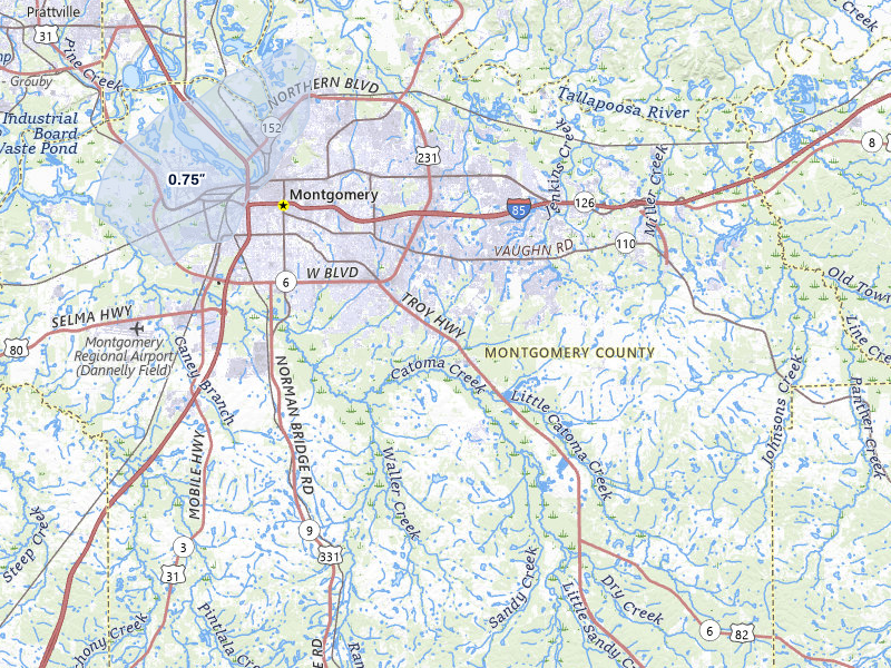NEXRAD radar-signature map of the hail over Montgomery, AL