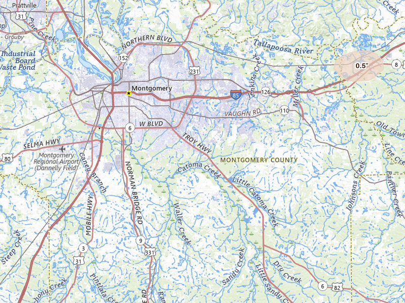 Radar-estimated hail-size map of the storm over Montgomery, AL on Jul 9, 2026
