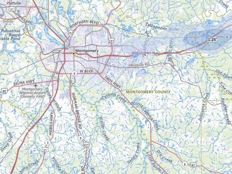 NEXRAD radar-signature map of the hail storm over Montgomery, AL on Jul 9, 2026