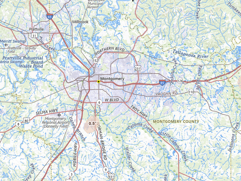Radar-estimated hail-size map of the storm over Montgomery, AL on Jul 18, 2026