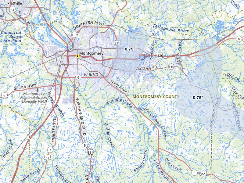 NEXRAD radar-signature map of the hail storm over Montgomery, AL on Jul 29, 2026
