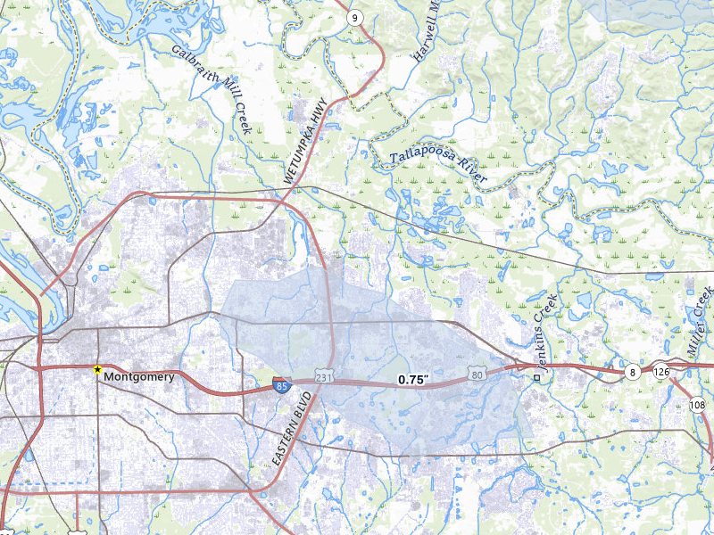 NEXRAD radar-signature map of the hail storm over Montgomery, AL on Jul 31, 2026