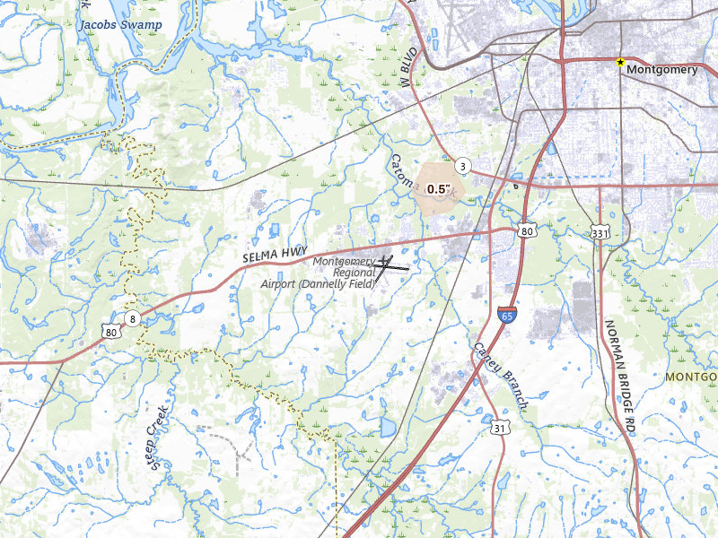 Radar-estimated hail-size map of the storm over Montgomery, AL on Aug 28, 2026