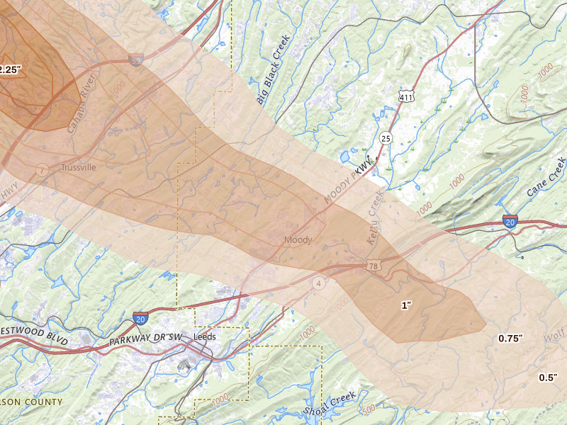 Radar-estimated hail-size map of the storm over Moody, AL
