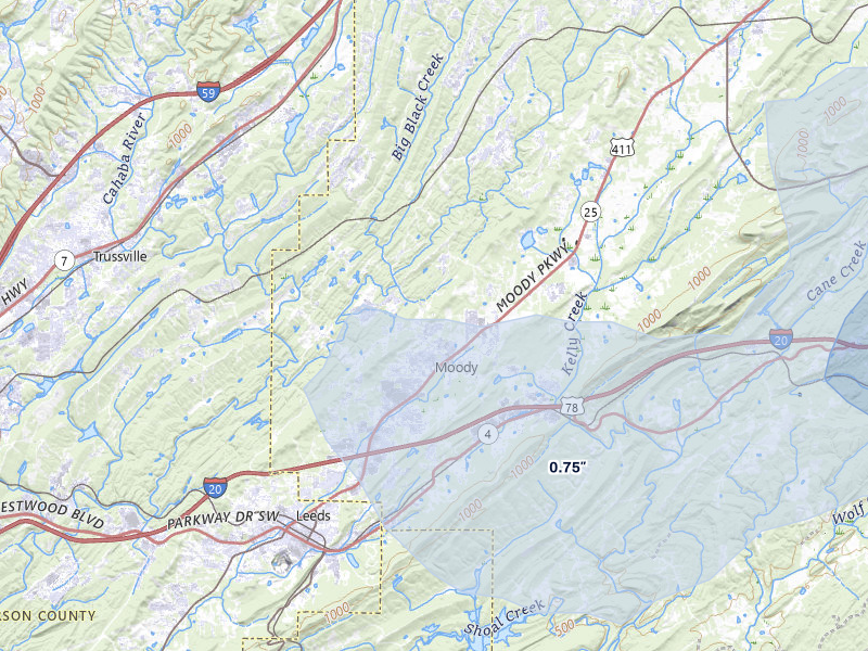NEXRAD radar-signature map of the hail over Moody, AL