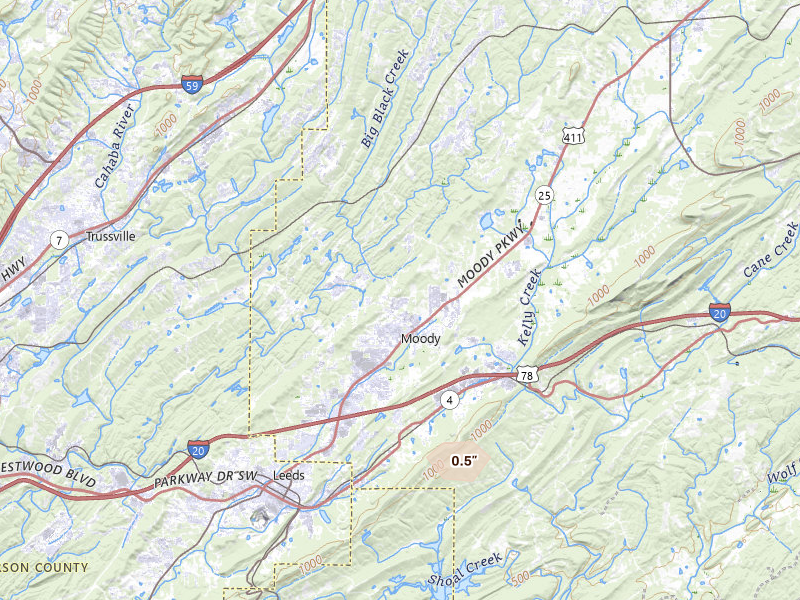 Radar-estimated hail-size map of the storm over Moody, AL on Jul 26, 2026