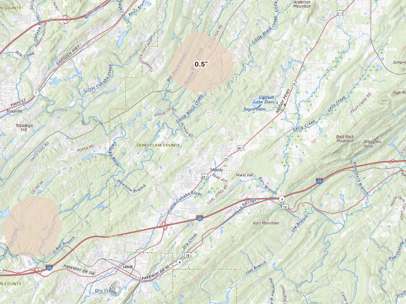 Radar-estimated hail-size map of the storm over Moody, AL