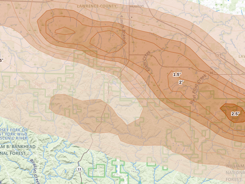 Radar-estimated hail-size map of the storm over Moulton, AL on Feb 26, 2026