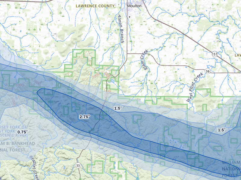 NEXRAD radar-signature map of the hail over Moulton, AL