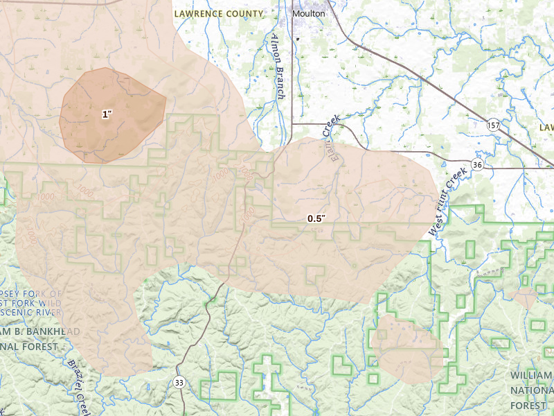 Radar-estimated hail-size map of the storm over Moulton, AL on Jul 1, 2026