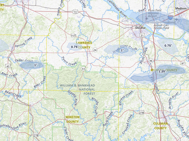 NEXRAD radar-signature map of the hail storm over Moulton, AL on Aug 17, 2026