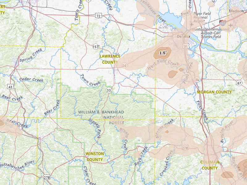 Radar-estimated hail-size map of the storm over Moulton, AL on Aug 20, 2026