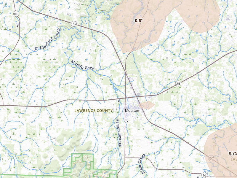 Radar-estimated hail-size map of the storm over Moulton, AL on Aug 26, 2026