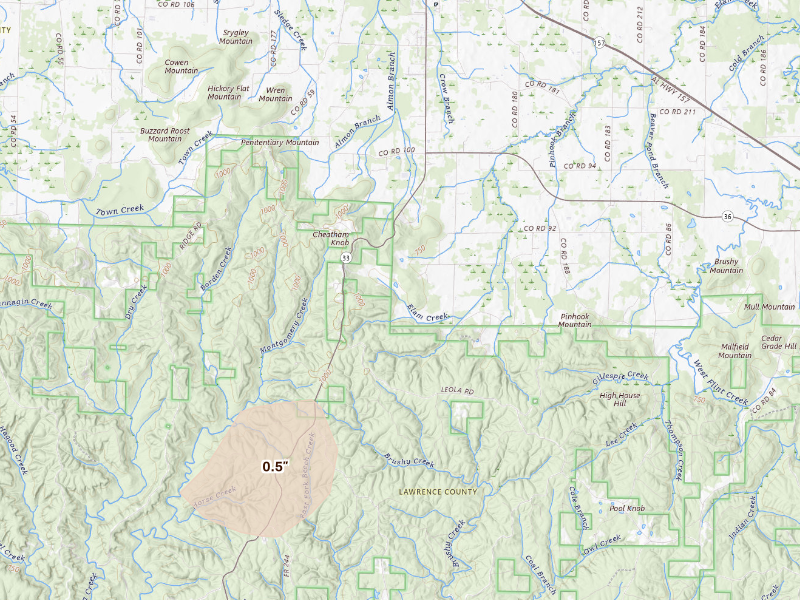 Radar-estimated hail-size map of the storm over Moulton, AL