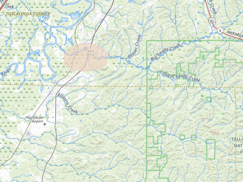 Radar-estimated hail-size map of the storm over Moundville, AL on Jul 1, 2026