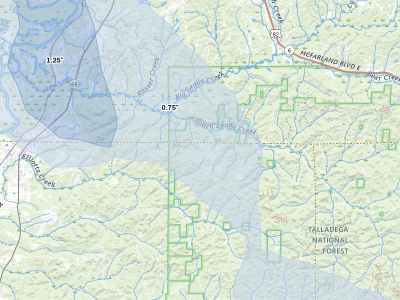 NEXRAD radar-signature map of the hail over Moundville, AL