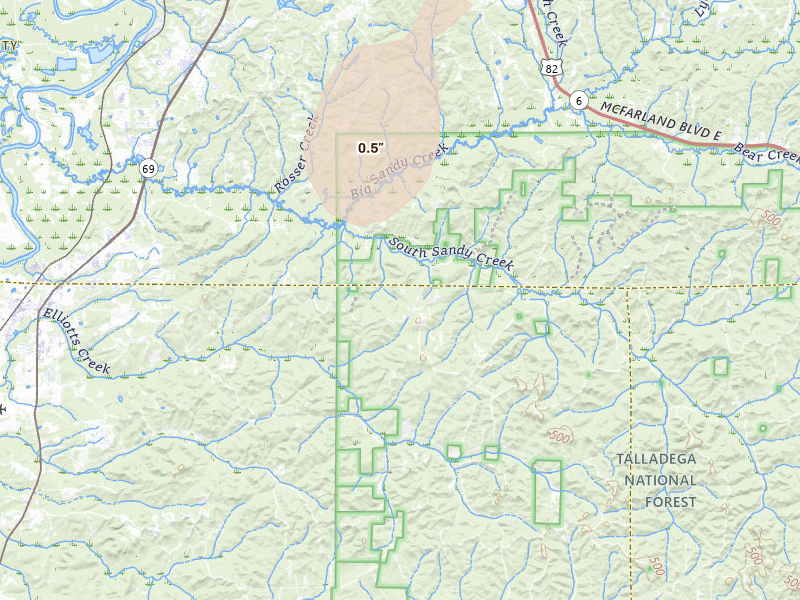 Radar-estimated hail-size map of the storm over Moundville, AL on Jul 31, 2026