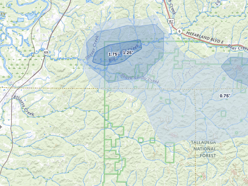 NEXRAD radar-signature map of the hail storm over Moundville, AL on Jul 31, 2026
