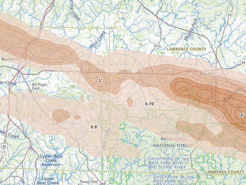 Radar-estimated hail-size map of the storm over Mount Hope, AL on Feb 26, 2026