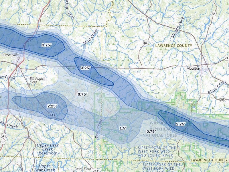 NEXRAD radar-signature map of the hail over Mount Hope, AL