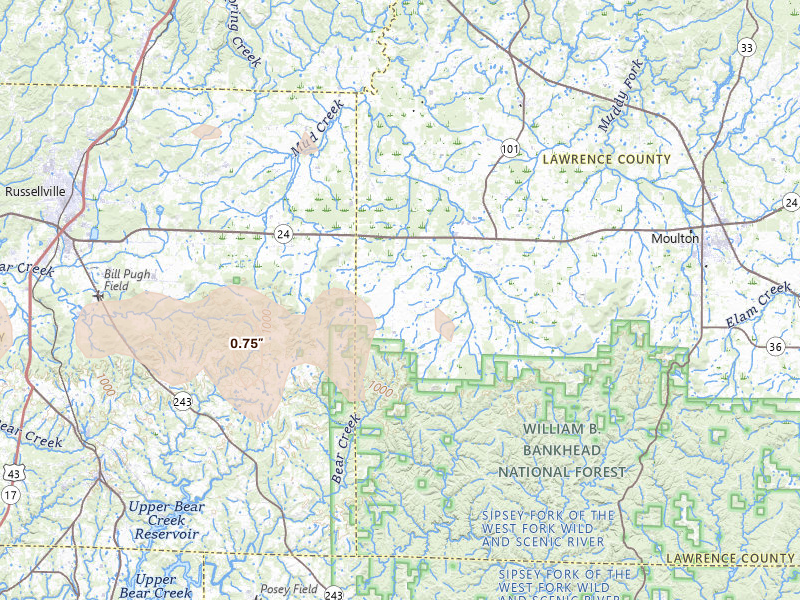 Radar-estimated hail-size map of the storm over Mount Hope, AL on Apr 28, 2026