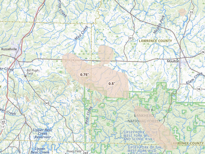 Radar-estimated hail-size map of the storm over Mount Hope, AL on Jun 1, 2026