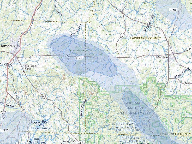 NEXRAD radar-signature map of the hail storm over Mount Hope, AL on Jun 1, 2026