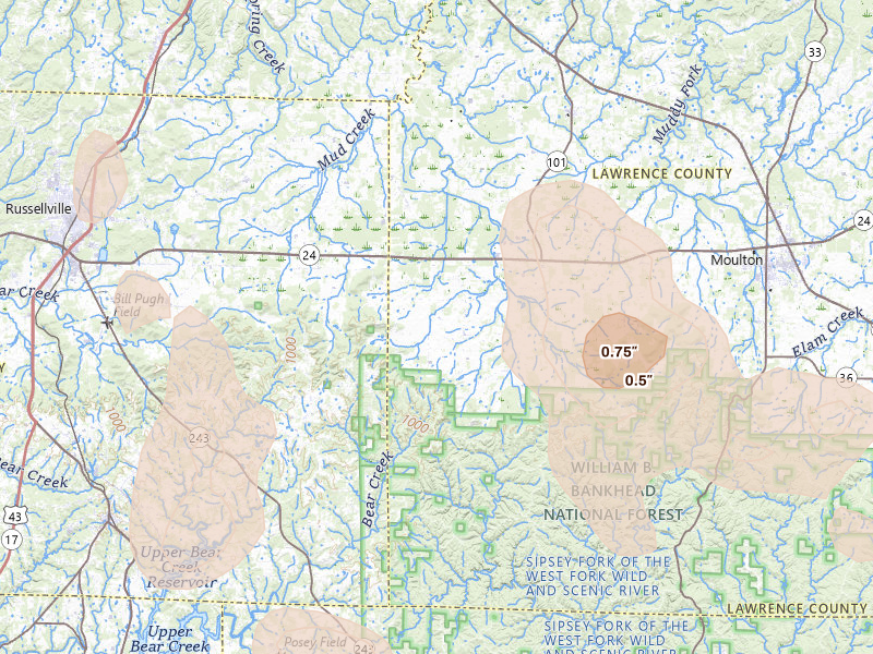 Radar-estimated hail-size map of the storm over Mount Hope, AL on Jul 1, 2026