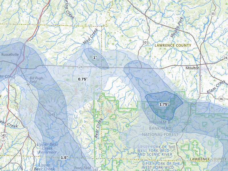 NEXRAD radar-signature map of the hail storm over Mount Hope, AL on Jul 1, 2026