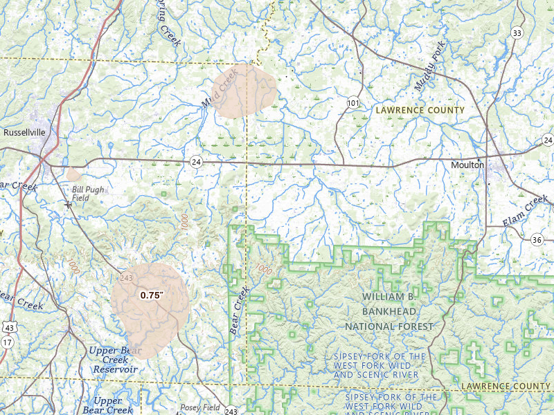 Radar-estimated hail-size map of the storm over Mount Hope, AL on Jul 19, 2026
