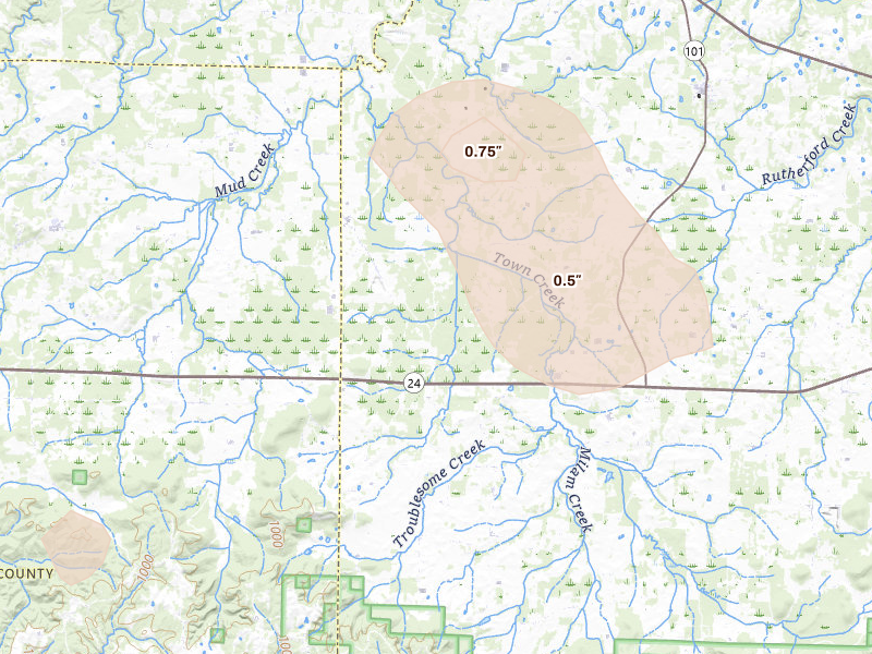 Radar-estimated hail-size map of the storm over Mount Hope, AL on Aug 17, 2026