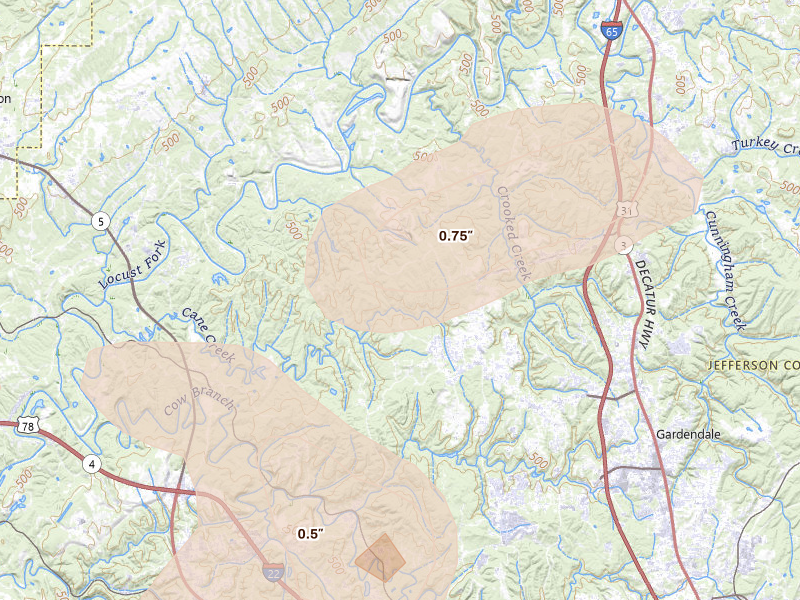 Radar-estimated hail-size map of the storm over Mount Olive, AL on Jul 1, 2026