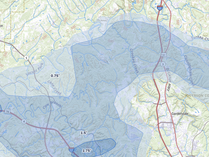 NEXRAD radar-signature map of the hail storm over Mount Olive, AL on Jul 1, 2026