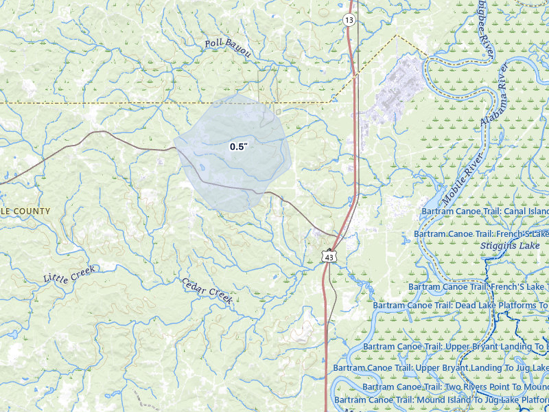 NEXRAD radar-signature map of the hail storm over Mount Vernon, AL on Jul 12, 2026