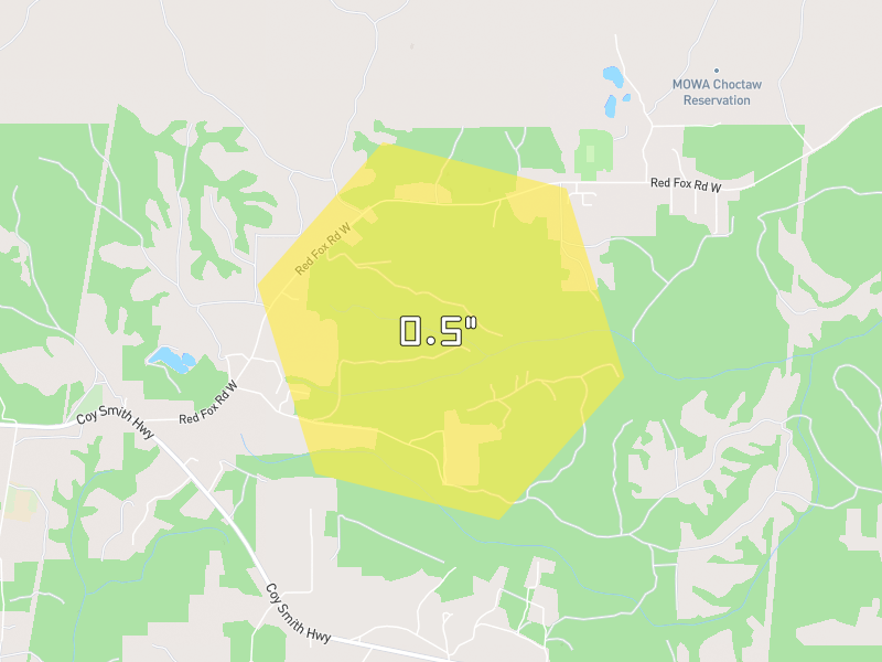 Hail map of Mount Vernon, AL on Jul 12, 2026, hail up to 0.5"