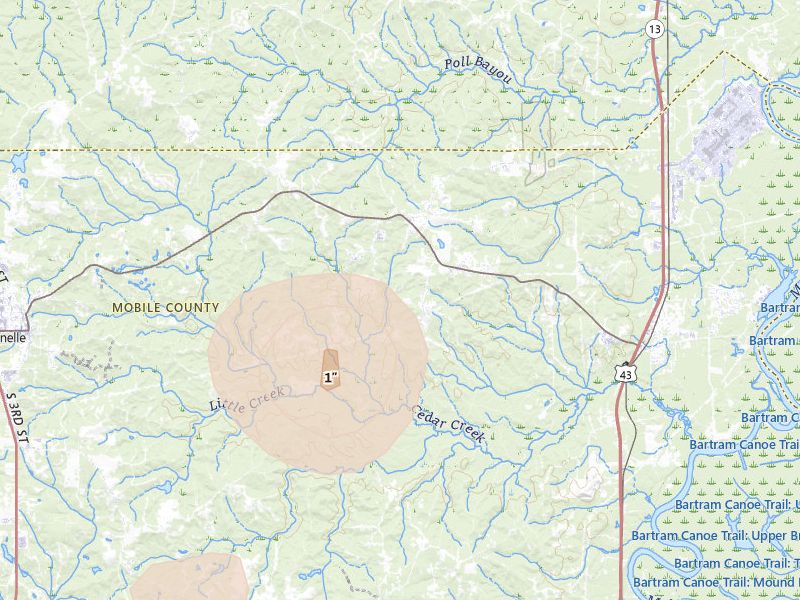 Radar-estimated hail-size map of the storm over Mount Vernon, AL on Aug 20, 2026