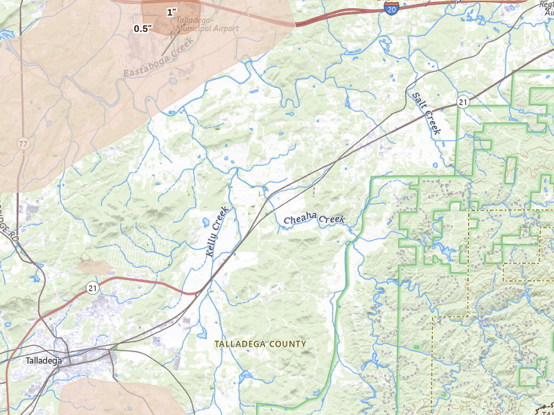 Radar-estimated hail-size map of the storm over Munford, AL on Jul 1, 2026