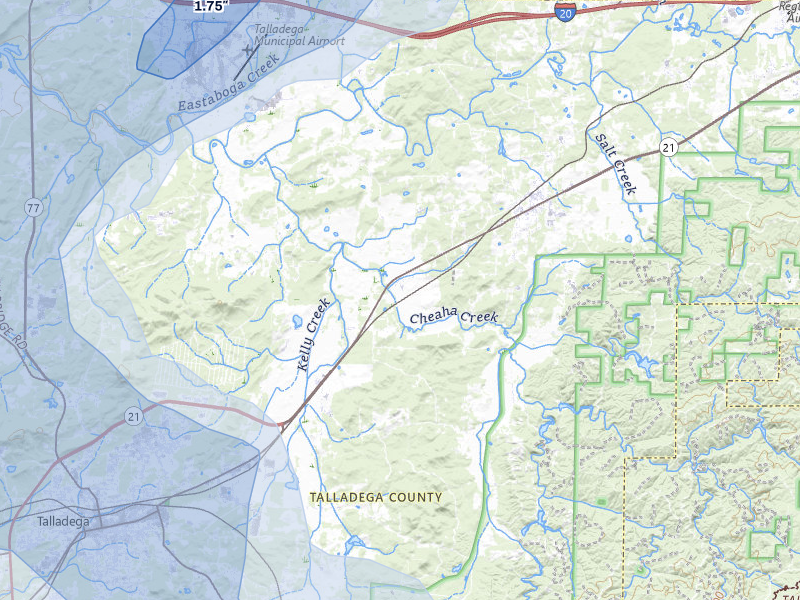 NEXRAD radar-signature map of the hail over Munford, AL