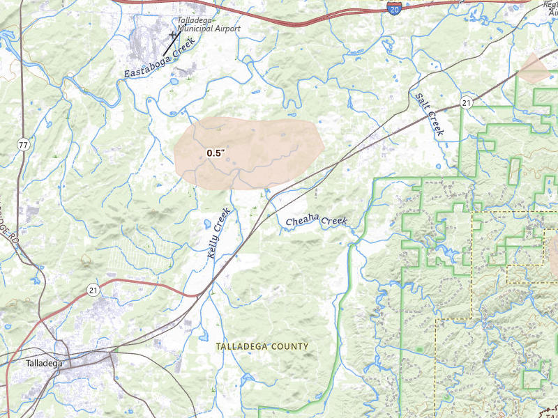 Radar-estimated hail-size map of the storm over Munford, AL on Jul 3, 2026