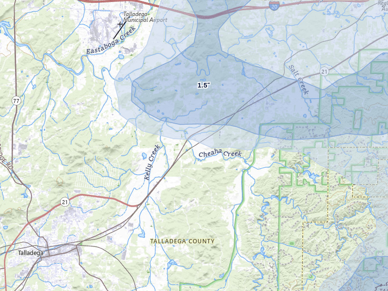 NEXRAD radar-signature map of the hail over Munford, AL