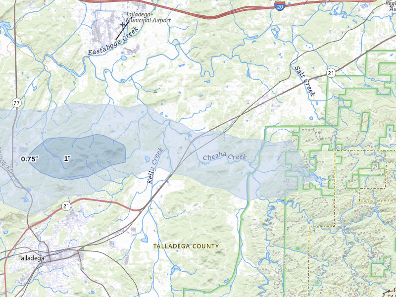 NEXRAD radar-signature map of the hail over Munford, AL