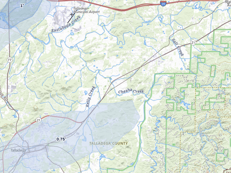 NEXRAD radar-signature map of the hail storm over Munford, AL on Aug 7, 2026