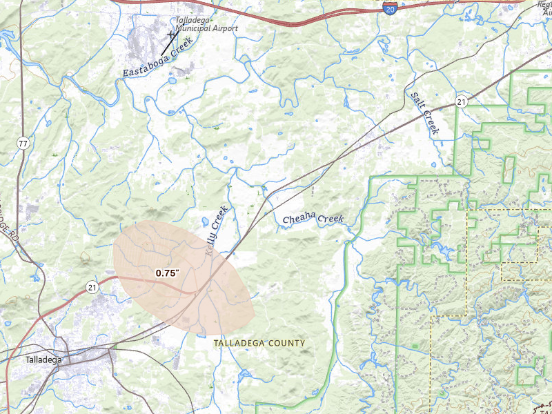 Radar-estimated hail-size map of the storm over Munford, AL on Aug 12, 2026