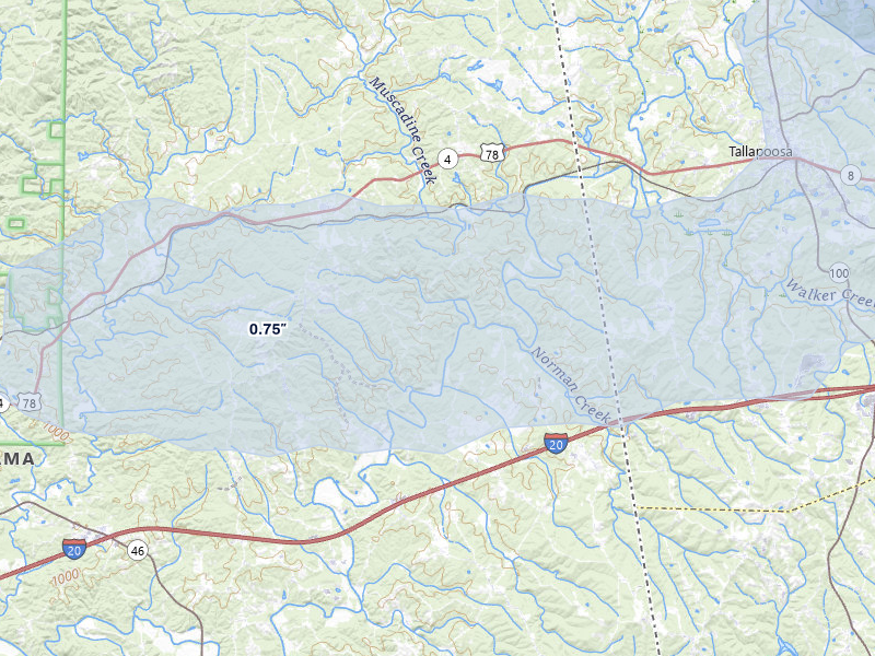NEXRAD radar-signature map of the hail over Muscadine, AL