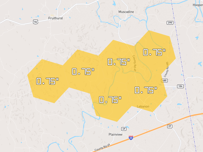 Hail map of Muscadine, AL on Jul 1, 2026, hail up to 0.75"