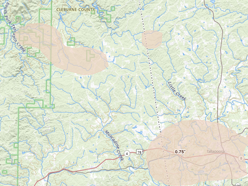 Radar-estimated hail-size map of the storm over Muscadine, AL on Aug 11, 2026