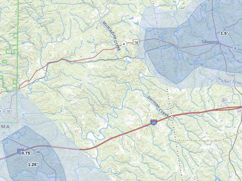 NEXRAD radar-signature map of the hail storm over Muscadine, AL on Aug 11, 2026