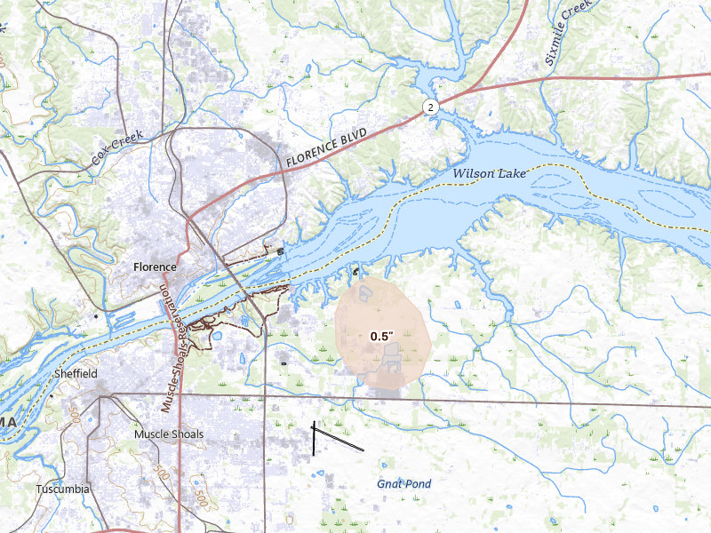 Radar-estimated hail-size map of the storm over Muscle Shoals, AL