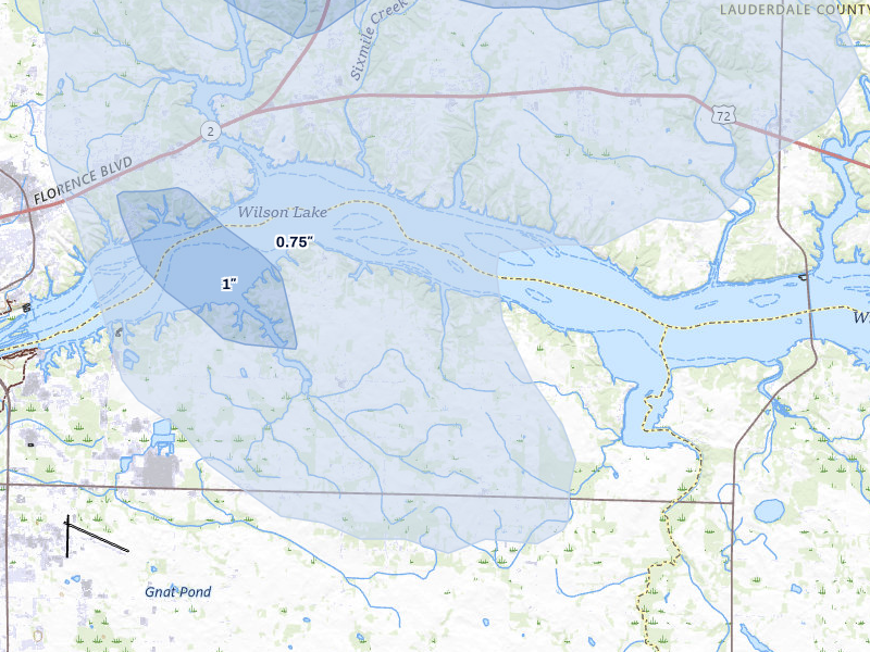 NEXRAD radar-signature map of the hail storm over Muscle Shoals, AL on Aug 12, 2026