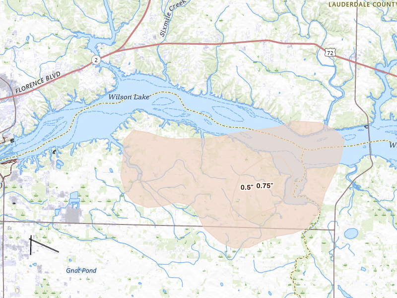 Radar-estimated hail-size map of the storm over Muscle Shoals, AL on Aug 20, 2026